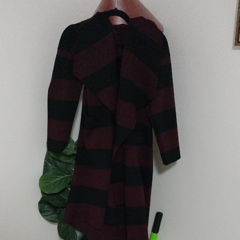 Striped Open-Front Long Cardigan Sweater in Burgundy and Black